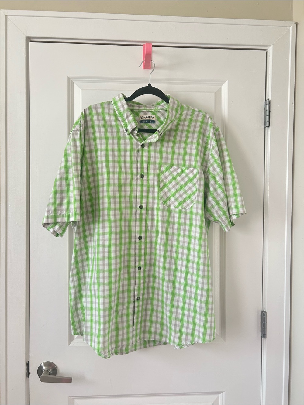 Magellan Outdoors Men’s Short Sleeve Green and White Plaid Button-Down Shirt